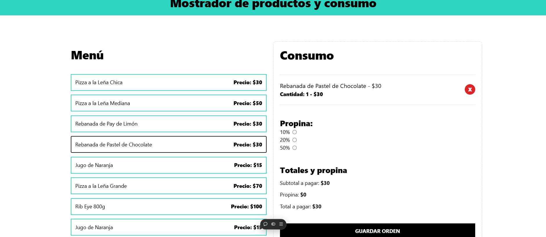 Tabla de pedidos